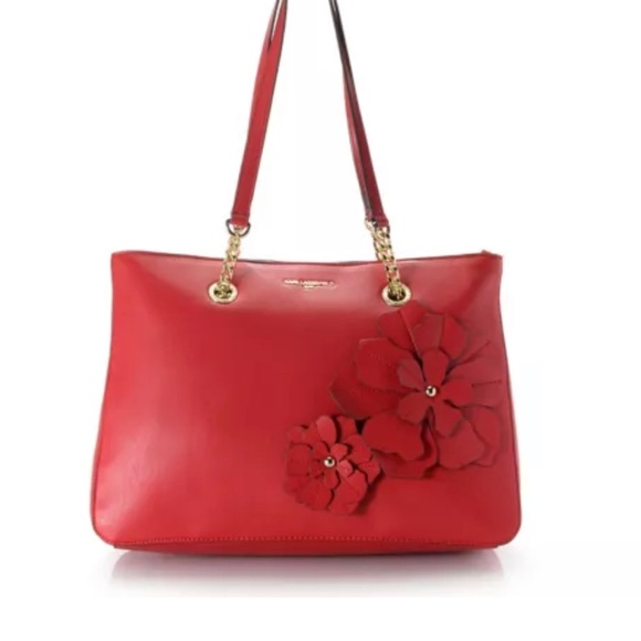 Karl Lagerfeld Handbags - Karl Lagerfeld Paris "Kristina" Faux Leather Flower Applique Zip Top Tote Bag
